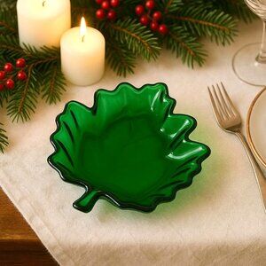 Anchor Hocking Green Glass Maple Leaf Dish MCM VTG Emerald Glass Trinket Candy